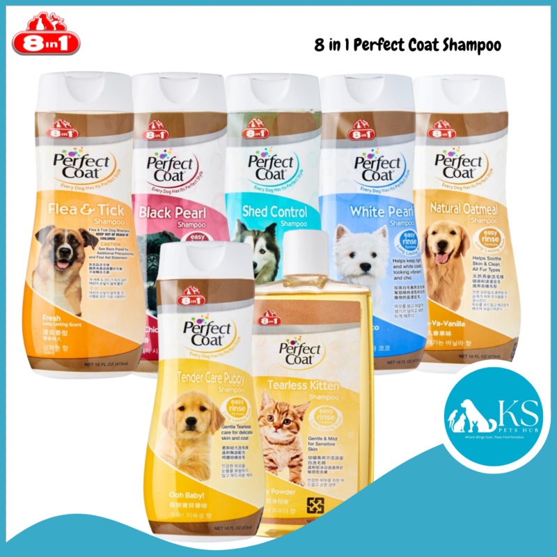 8 in 1 Perfect Coat Kitten & Dog Shampoo 16oz – Black Pearl / White Pearl / Flea & Tick / Natural Oatmeal / Shed Control / Tender Care Puppy / Tearless Kitten Black Pearl 16oz (Dog)