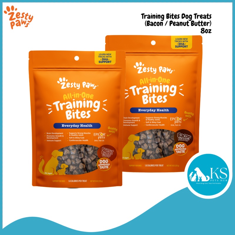 [Exp: 11/07/2025 (mm/dd/yy)] Zesty Paws Training Bites Dog Treats (Peanut Butter / Bacon), 8oz Bacon